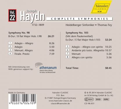 Photo No.2 of Haydn: Symphonies 98 & 103 (vol. 22)