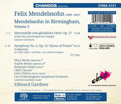 Photo No.2 of Felix Mendelssohn in Birmingham, Vol. 3: Symphony No. 2 'Hymn of Praise' - Calm Sea and Prosperous Voyage
