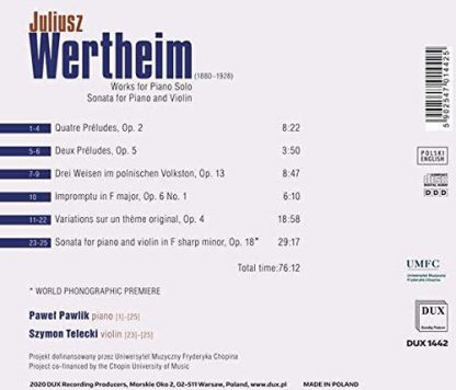 Photo No.2 of Wertheim: Works For Piano Solo, Sonata For Piano And Violin