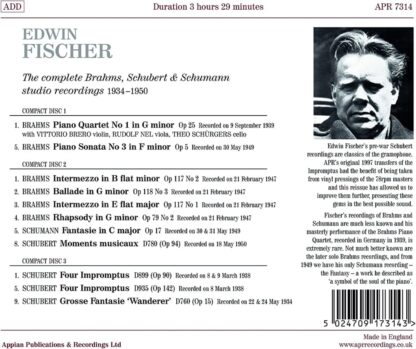Photo No.2 of Edwin Fischer - The Complete Brahms, Schubert and Schumann Studio Recordings (1934 - 1950)