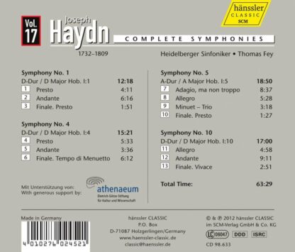 Photo No.2 of Joseph Haydn: Complete Symphonies, Vol. 17 (Nos. 1, 4, 5 &10)
