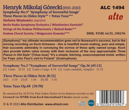 Photo No.2 of Górecki: Symphony No.3 'Sorrowful Songs' & Pieces in Olden Style & Totus Tuus